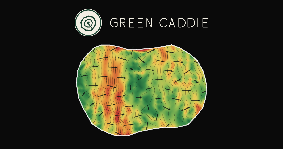 A putting green at Amberley Golf Club, painted with its measured slope — green where it is flat, red where it falls away, with arrows showing which way a ball rolls.