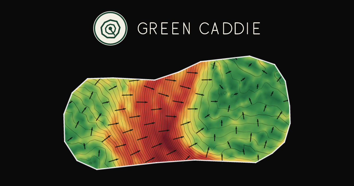 A putting green at Ardleigh Golf Club, painted with its measured slope — green where it is flat, red where it falls away, with arrows showing which way a ball rolls.