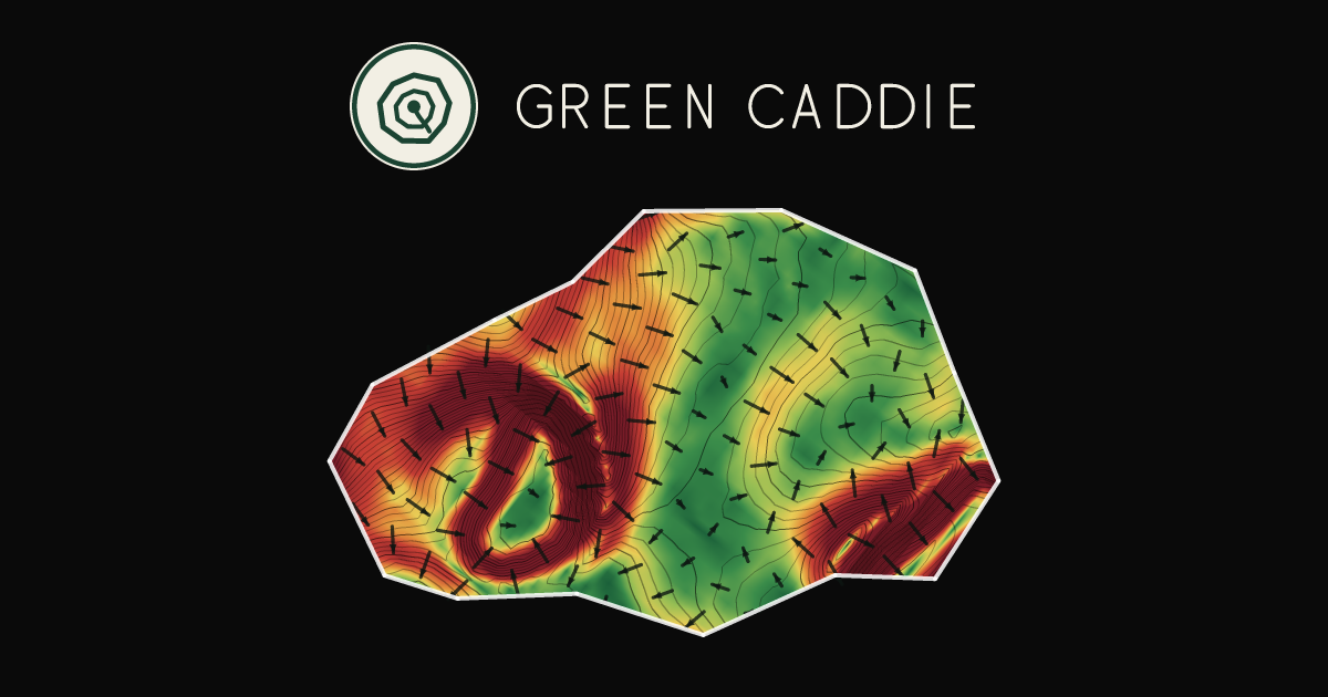 A putting green at Avondale Golf Course, painted with its measured slope — green where it is flat, red where it falls away, with arrows showing which way a ball rolls.