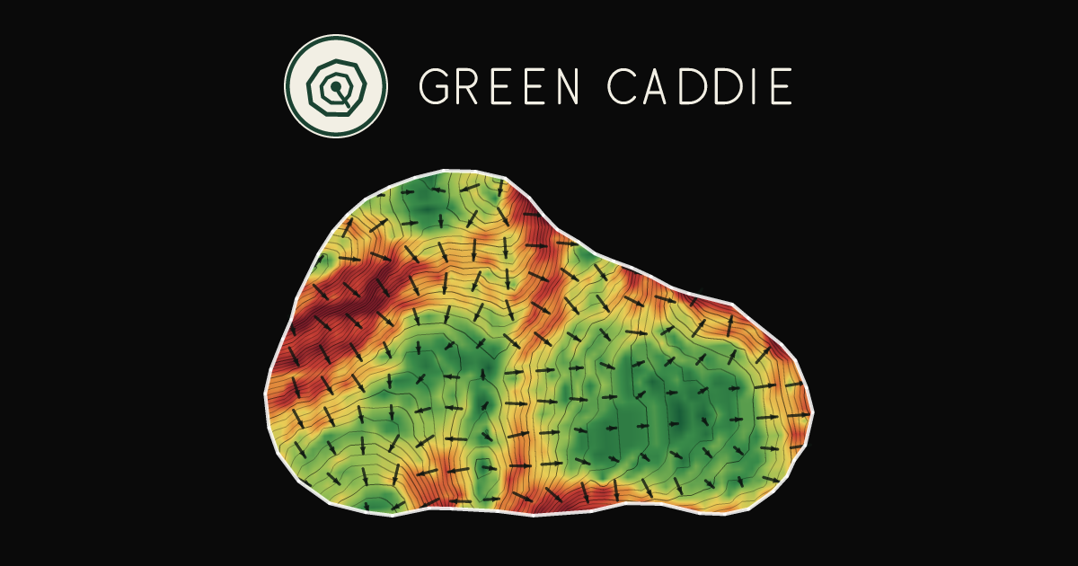 A putting green at Carrington Estate, painted with its measured slope — green where it is flat, red where it falls away, with arrows showing which way a ball rolls.