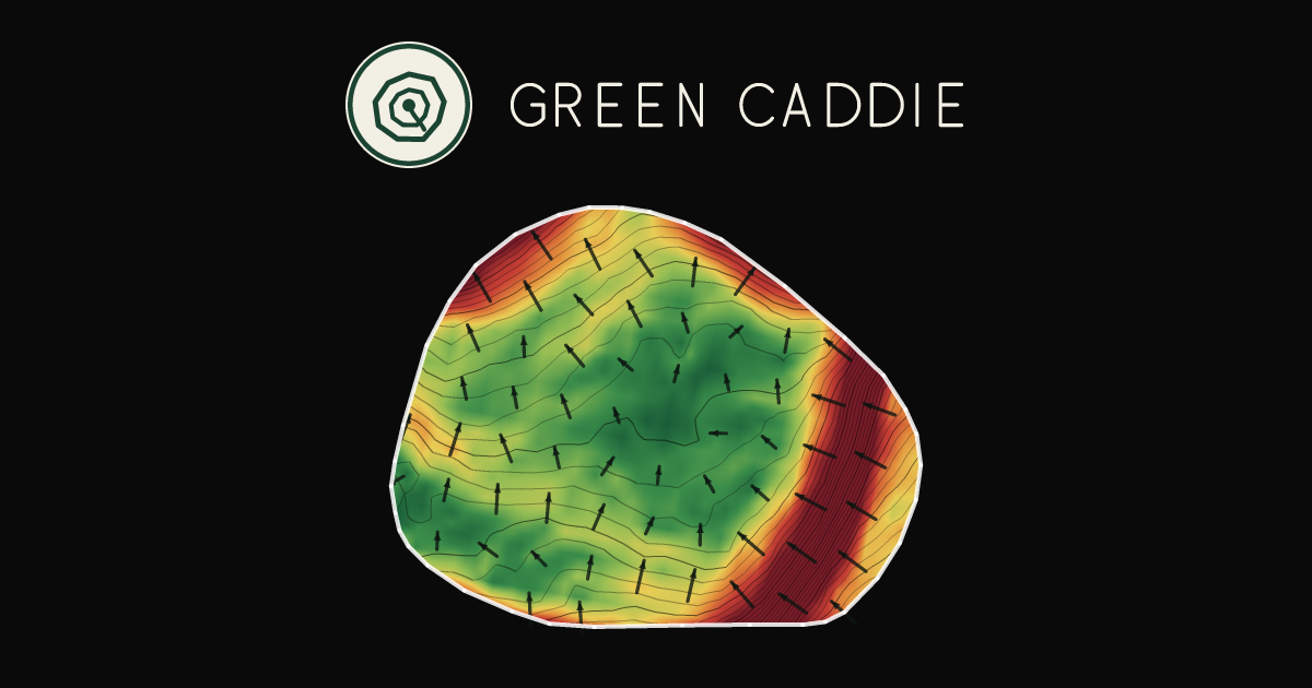 A putting green at Castlecliff Golf Course, painted with its measured slope — green where it is flat, red where it falls away, with arrows showing which way a ball rolls.