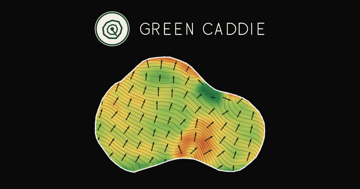 A putting green at Coringa Country Club, painted with its measured slope — green where it is flat, red where it falls away, with arrows showing which way a ball rolls.