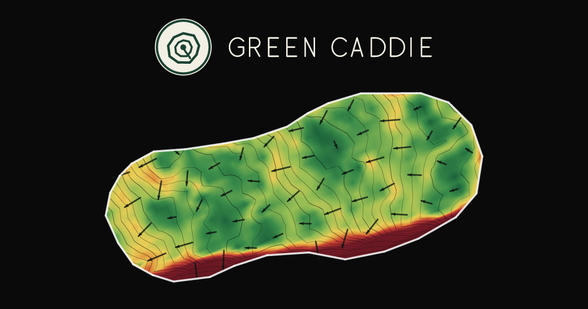 A putting green at Eltham Golf Club, painted with its measured slope — green where it is flat, red where it falls away, with arrows showing which way a ball rolls.