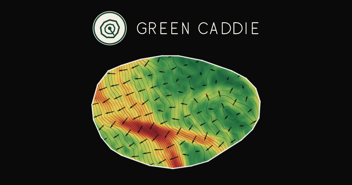 A putting green at Gisborne Park Golf Club, painted with its measured slope — green where it is flat, red where it falls away, with arrows showing which way a ball rolls.