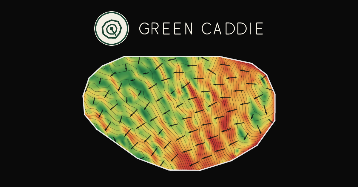 A putting green at Gore Golf Club, painted with its measured slope — green where it is flat, red where it falls away, with arrows showing which way a ball rolls.