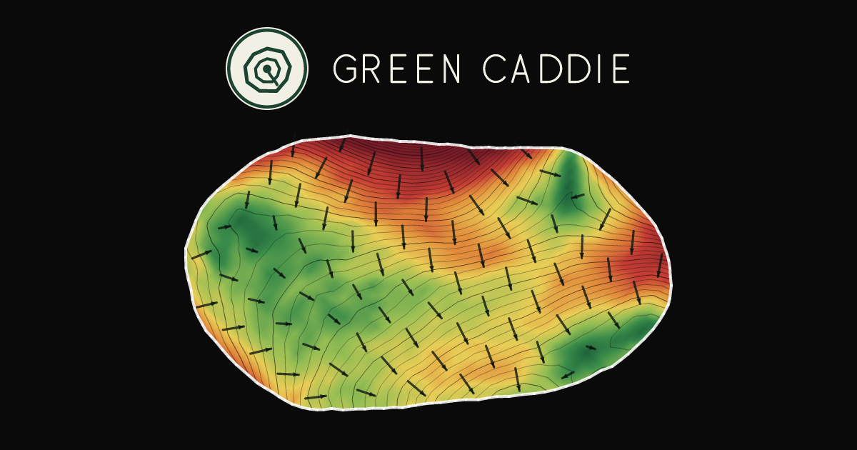 A putting green at Gulf Harbour Golf Course, painted with its measured slope — green where it is flat, red where it falls away, with arrows showing which way a ball rolls.