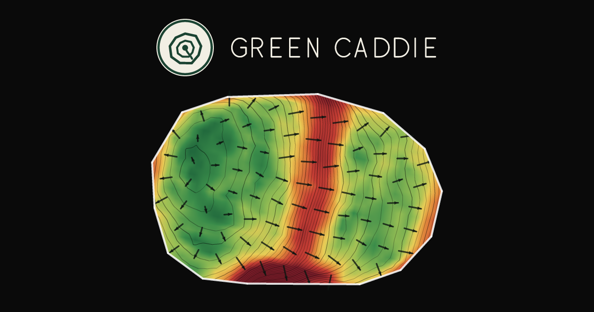 A putting green at Hagley Golf Club, painted with its measured slope — green where it is flat, red where it falls away, with arrows showing which way a ball rolls.