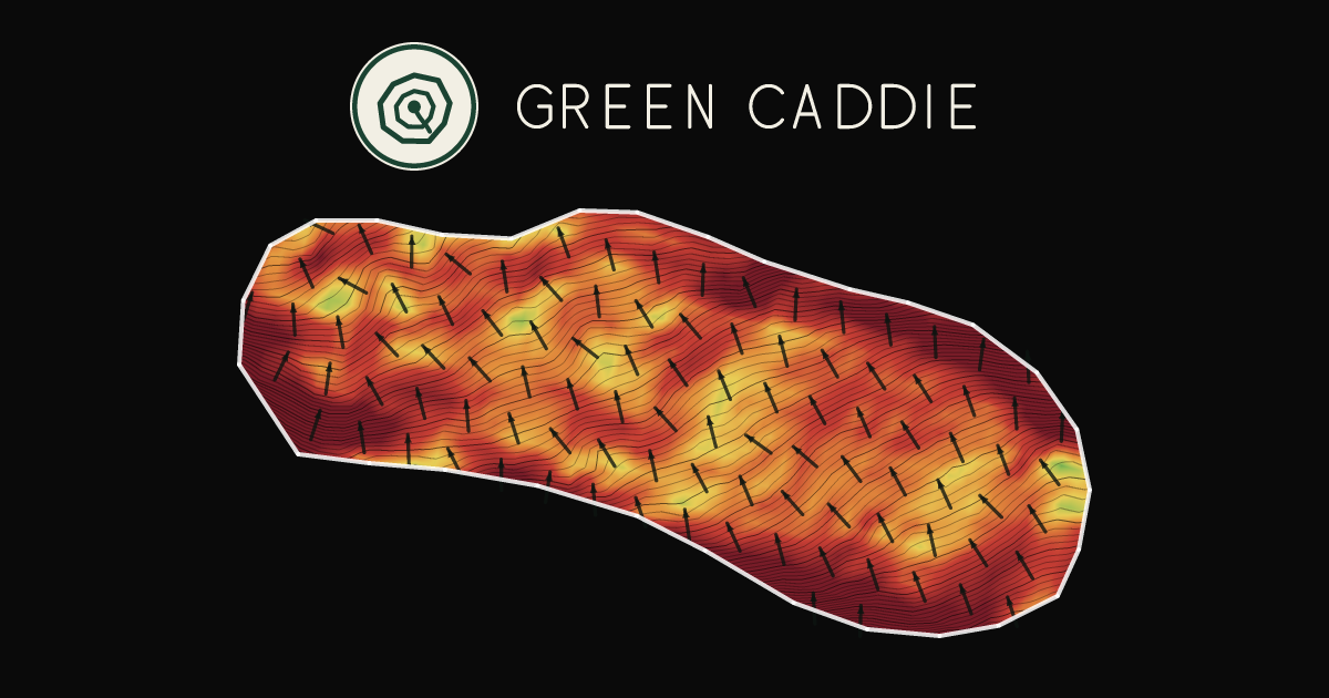 A putting green at Hanmer Springs Golf Club, painted with its measured slope — green where it is flat, red where it falls away, with arrows showing which way a ball rolls.