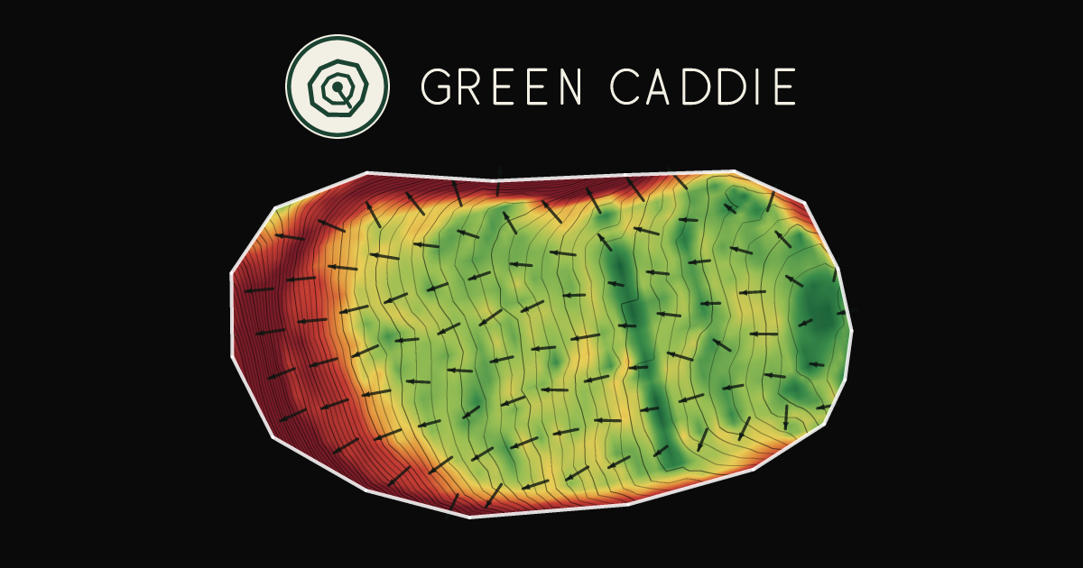 A putting green at Hastings Golf Club, painted with its measured slope — green where it is flat, red where it falls away, with arrows showing which way a ball rolls.