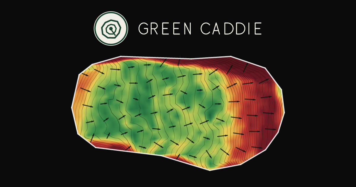 A putting green at Hawera Golf Club, painted with its measured slope — green where it is flat, red where it falls away, with arrows showing which way a ball rolls.