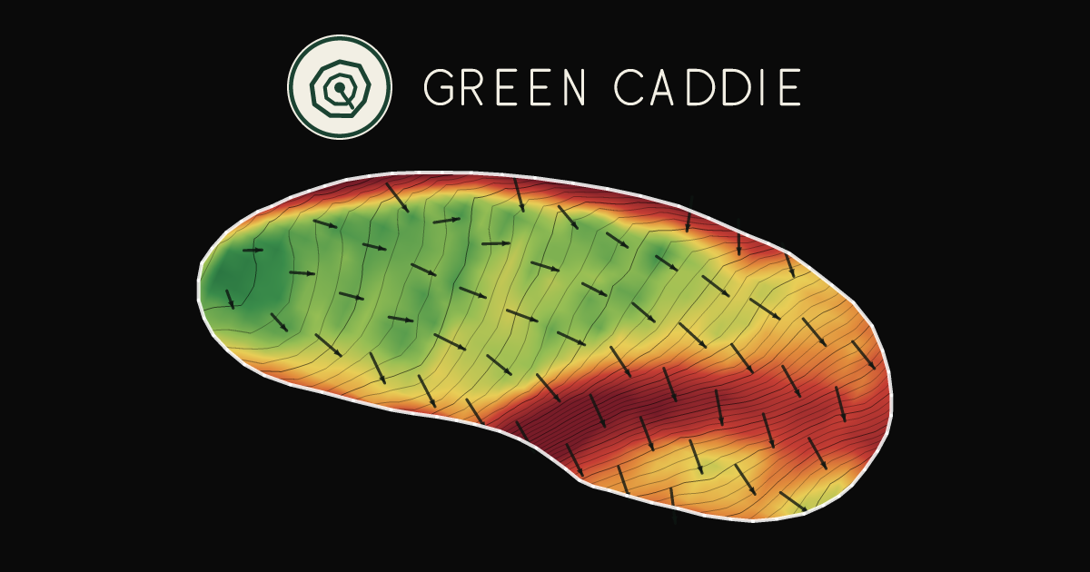A putting green at Howick Golf Club, painted with its measured slope — green where it is flat, red where it falls away, with arrows showing which way a ball rolls.