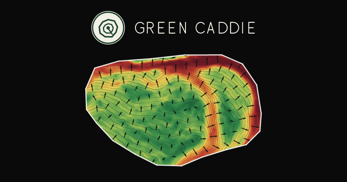 A putting green at Nelson Golf Club, painted with its measured slope — green where it is flat, red where it falls away, with arrows showing which way a ball rolls.