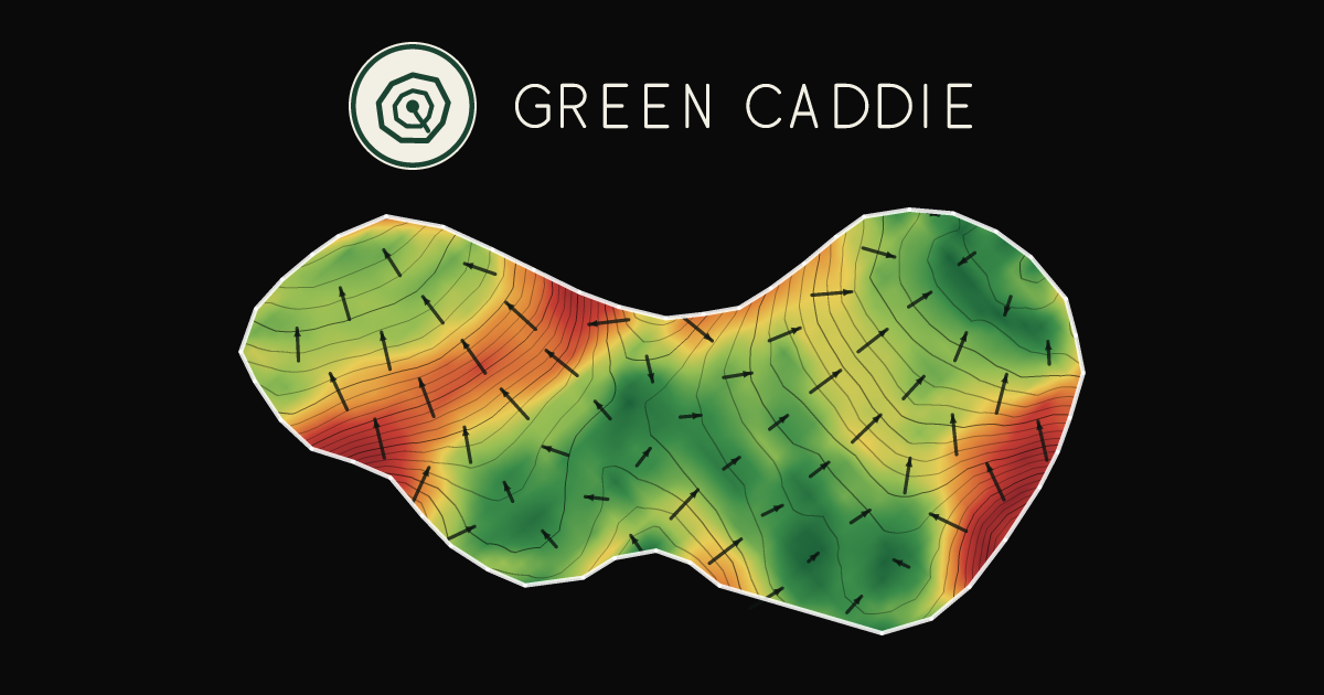 A putting green at Omaha Beach Golf Club, painted with its measured slope — green where it is flat, red where it falls away, with arrows showing which way a ball rolls.