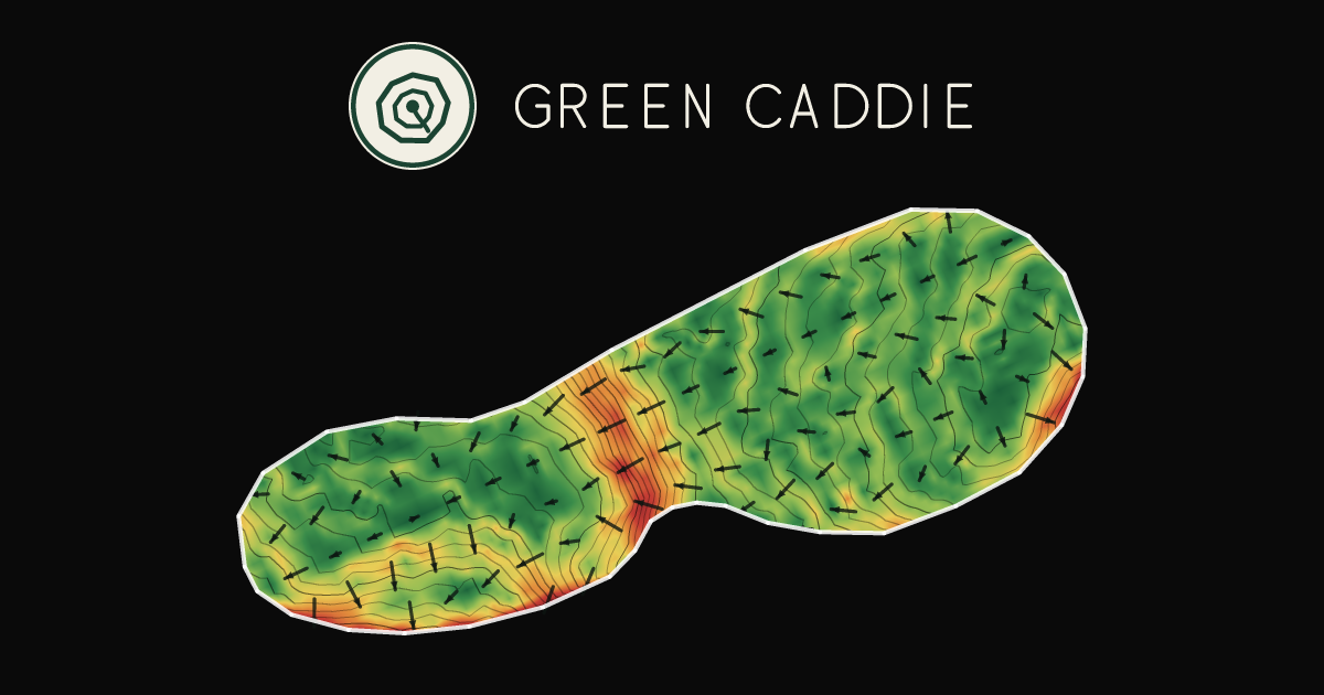 A putting green at Omanu Golf Club, painted with its measured slope — green where it is flat, red where it falls away, with arrows showing which way a ball rolls.