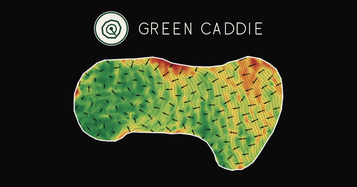 A putting green at Otago Golf Club, painted with its measured slope — green where it is flat, red where it falls away, with arrows showing which way a ball rolls.