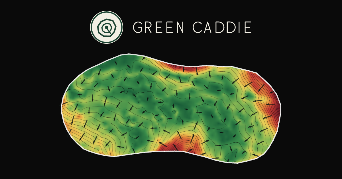 A putting green at Paraparaumu Beach Golf Course, painted with its measured slope — green where it is flat, red where it falls away, with arrows showing which way a ball rolls.