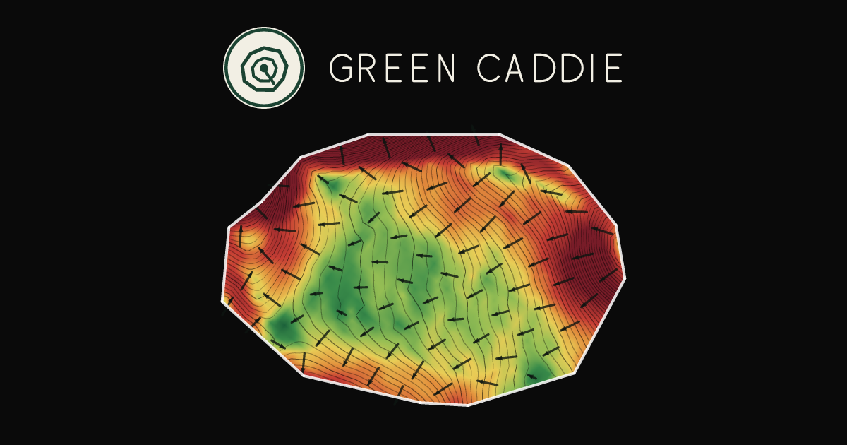 A putting green at Redwoods Golf Course, painted with its measured slope — green where it is flat, red where it falls away, with arrows showing which way a ball rolls.
