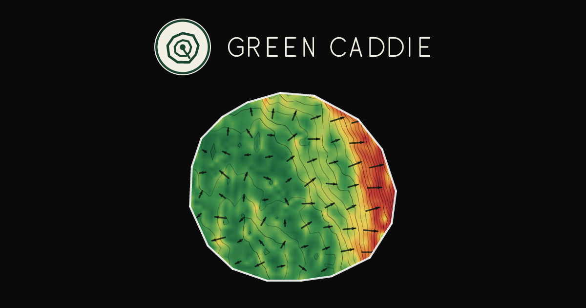 A putting green at Riversdale Golf Club, painted with its measured slope — green where it is flat, red where it falls away, with arrows showing which way a ball rolls.