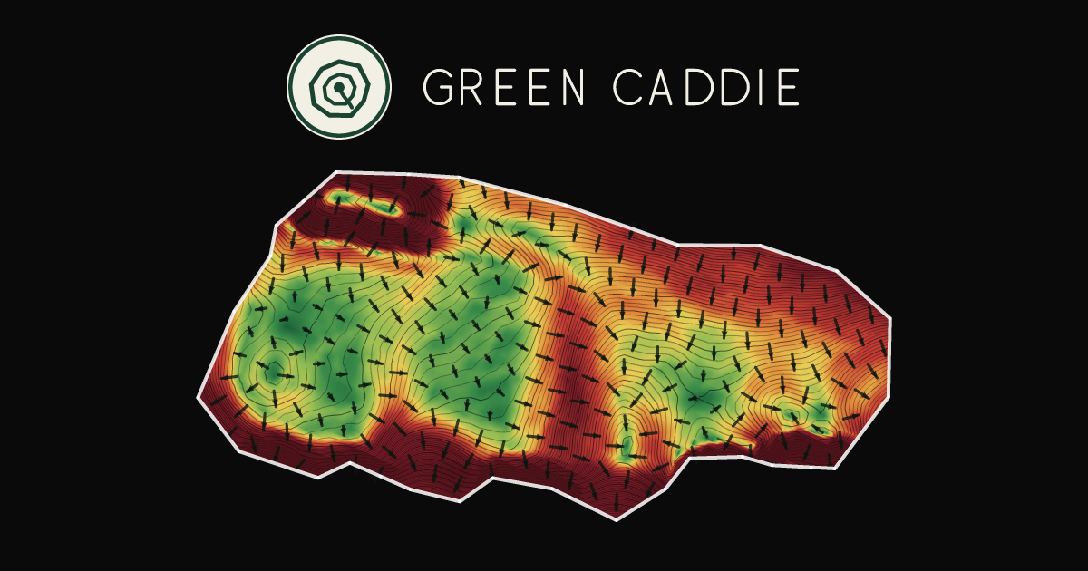 A putting green at Royal Auckland Golf Course, painted with its measured slope — green where it is flat, red where it falls away, with arrows showing which way a ball rolls.
