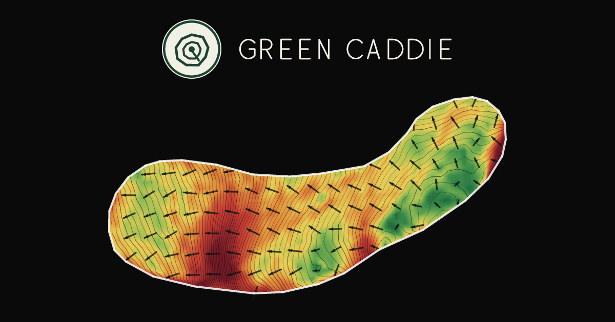 A putting green at Shandon Golf Club, painted with its measured slope — green where it is flat, red where it falls away, with arrows showing which way a ball rolls.