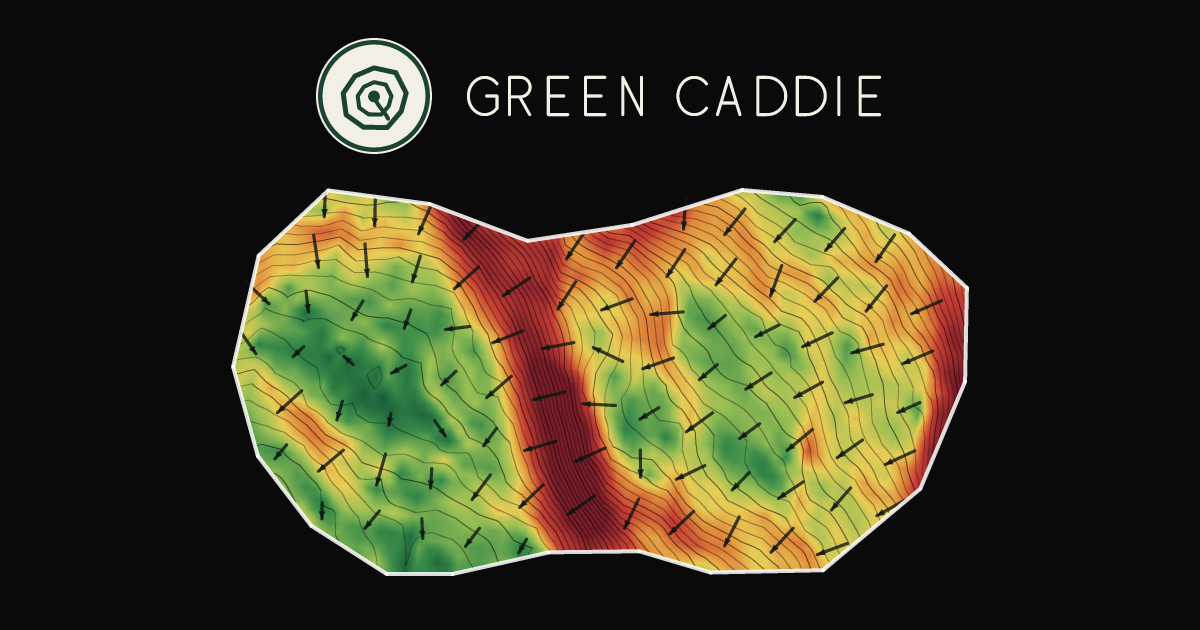 A putting green at Springfield Golf Course, painted with its measured slope — green where it is flat, red where it falls away, with arrows showing which way a ball rolls.
