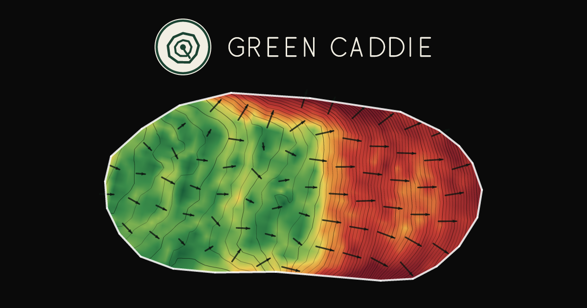 A putting green at Te Awamutu Golf Club, painted with its measured slope — green where it is flat, red where it falls away, with arrows showing which way a ball rolls.