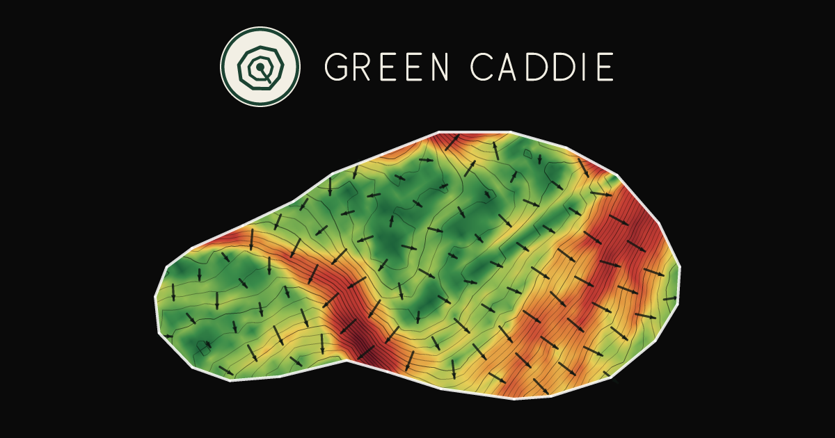 A putting green at Te Marua Golf Club, painted with its measured slope — green where it is flat, red where it falls away, with arrows showing which way a ball rolls.