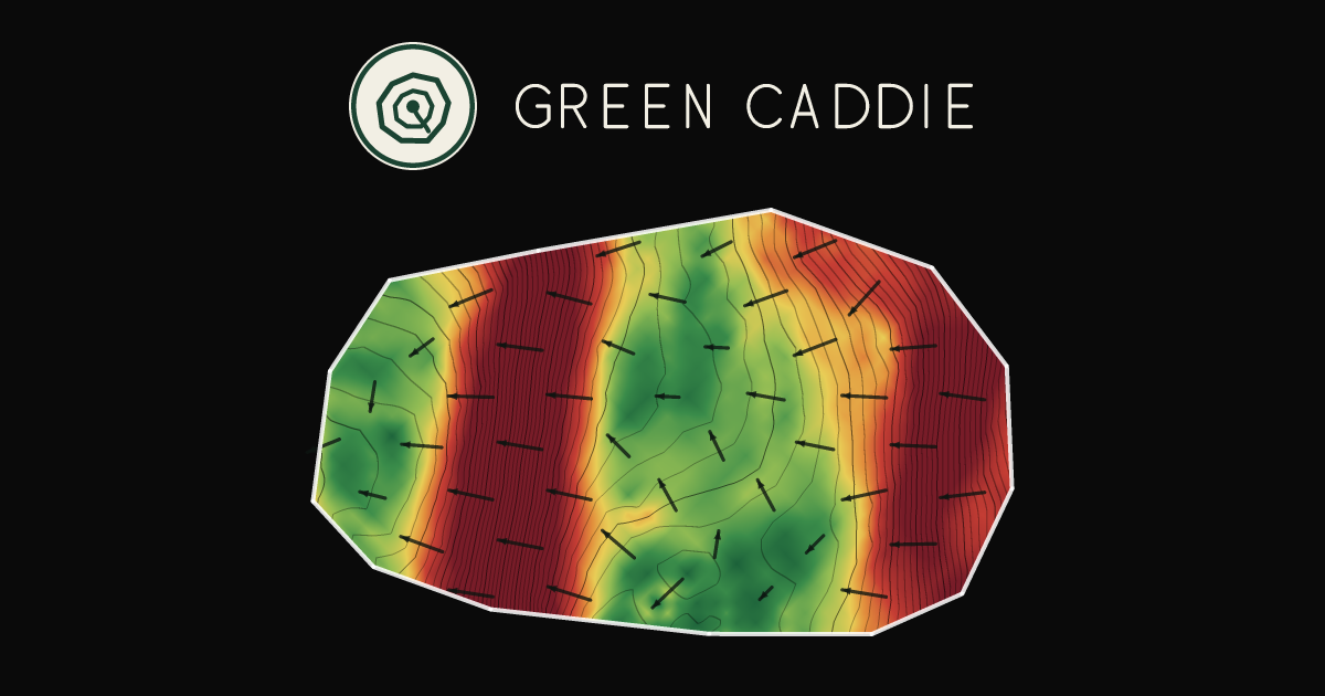 A putting green at Te Pohue Golf Club, painted with its measured slope — green where it is flat, red where it falls away, with arrows showing which way a ball rolls.