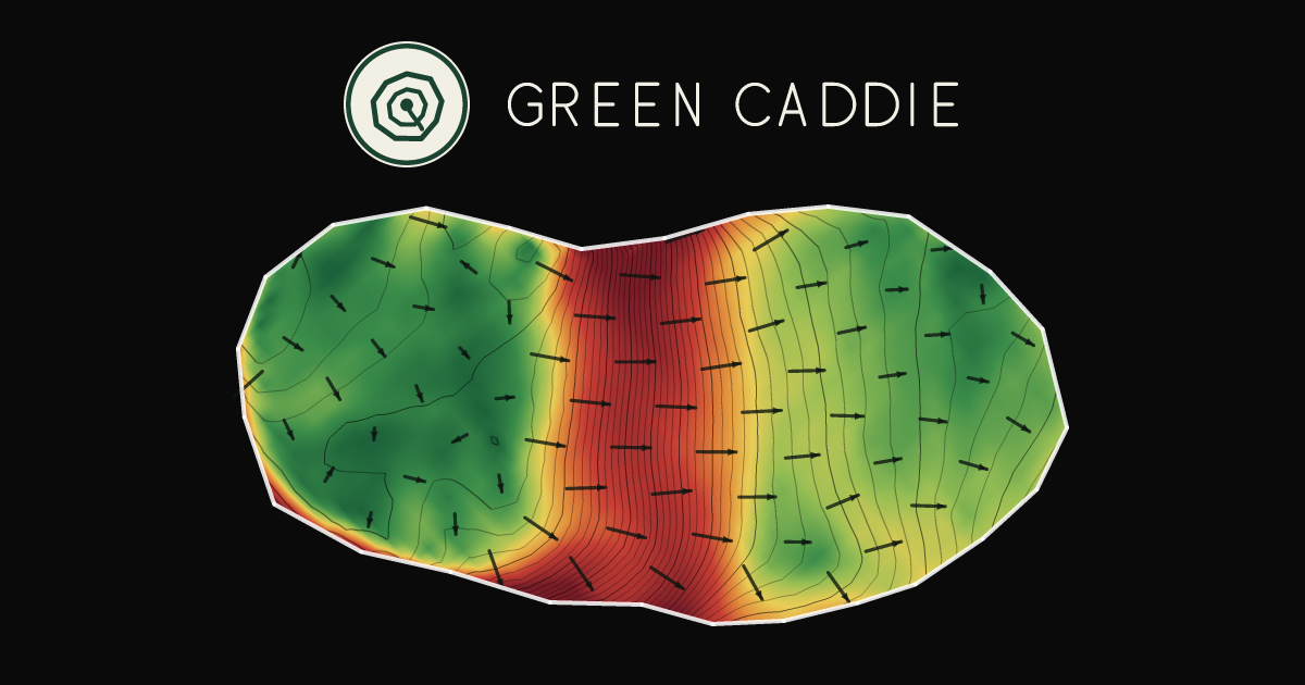 A putting green at Templeton Golf Club, painted with its measured slope — green where it is flat, red where it falls away, with arrows showing which way a ball rolls.