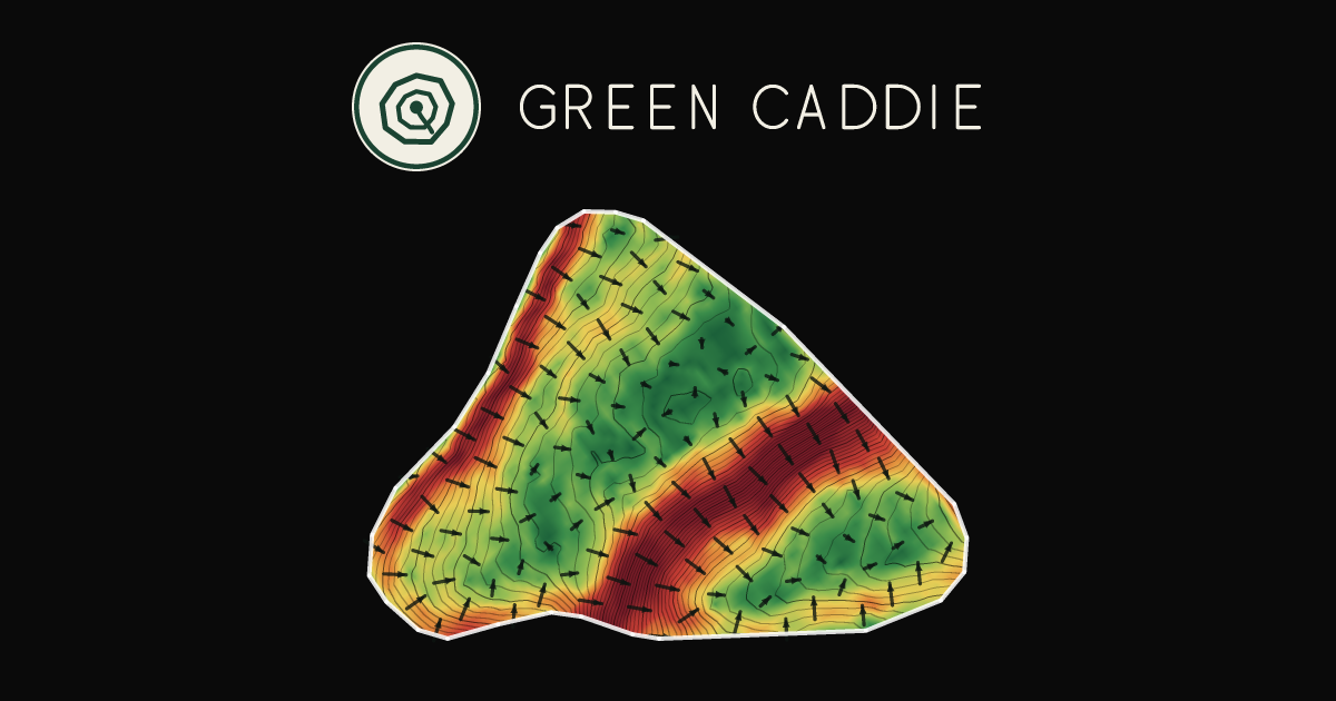 A putting green at Tieke Golf Estate, painted with its measured slope — green where it is flat, red where it falls away, with arrows showing which way a ball rolls.