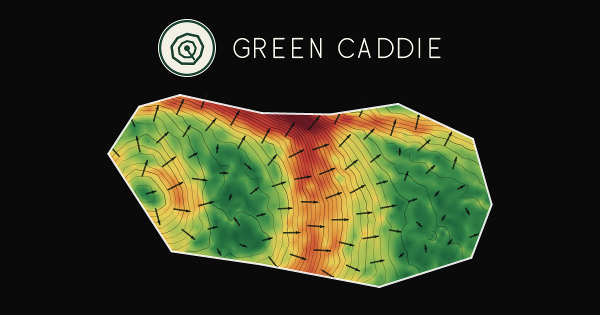 A putting green at Tinwald Goft Club, painted with its measured slope — green where it is flat, red where it falls away, with arrows showing which way a ball rolls.