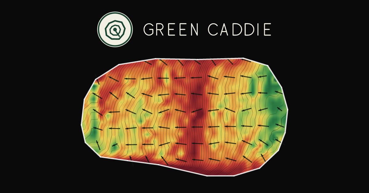 A putting green at Tirau Golf Club, painted with its measured slope — green where it is flat, red where it falls away, with arrows showing which way a ball rolls.