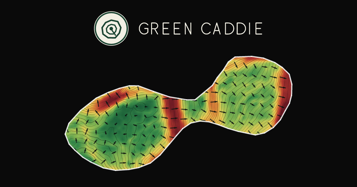 A putting green at Waiuku Golf Course, painted with its measured slope — green where it is flat, red where it falls away, with arrows showing which way a ball rolls.