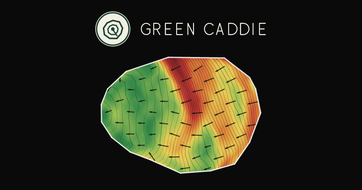 A putting green at Wattle Downs Golf Course, painted with its measured slope — green where it is flat, red where it falls away, with arrows showing which way a ball rolls.