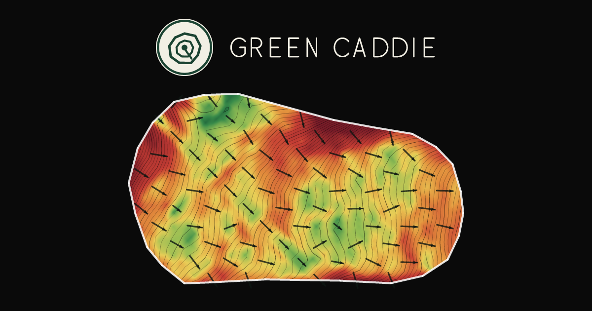 A putting green at Waverley Golf Club, painted with its measured slope — green where it is flat, red where it falls away, with arrows showing which way a ball rolls.