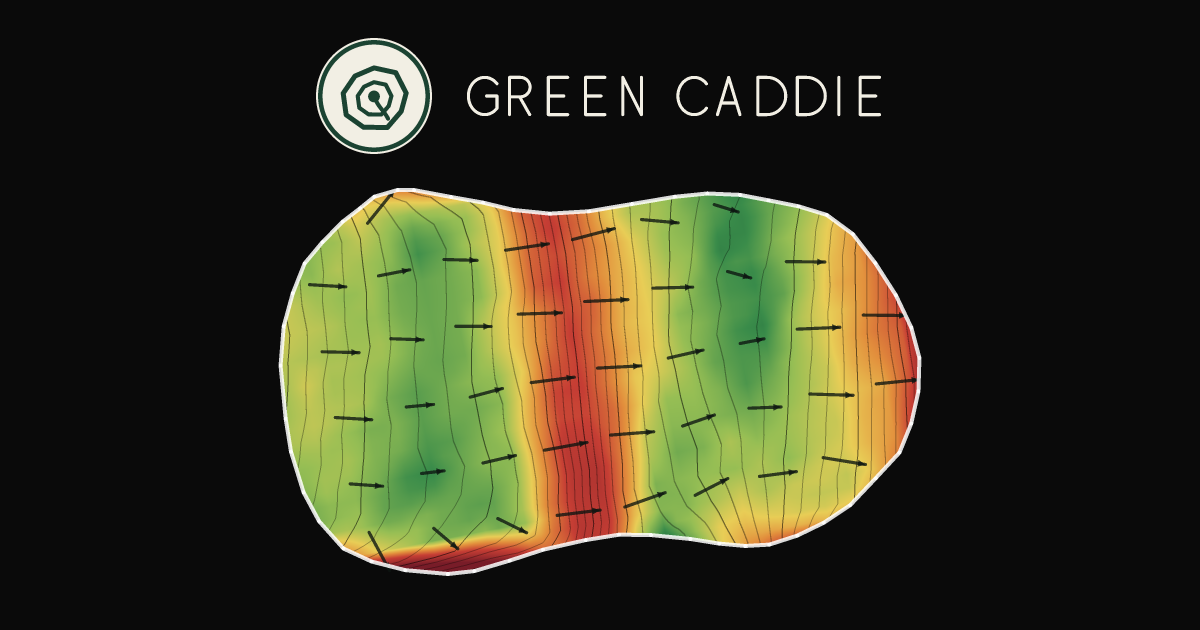 A putting green at Windsor Golf Club, painted with its measured slope — green where it is flat, red where it falls away, with arrows showing which way a ball rolls.